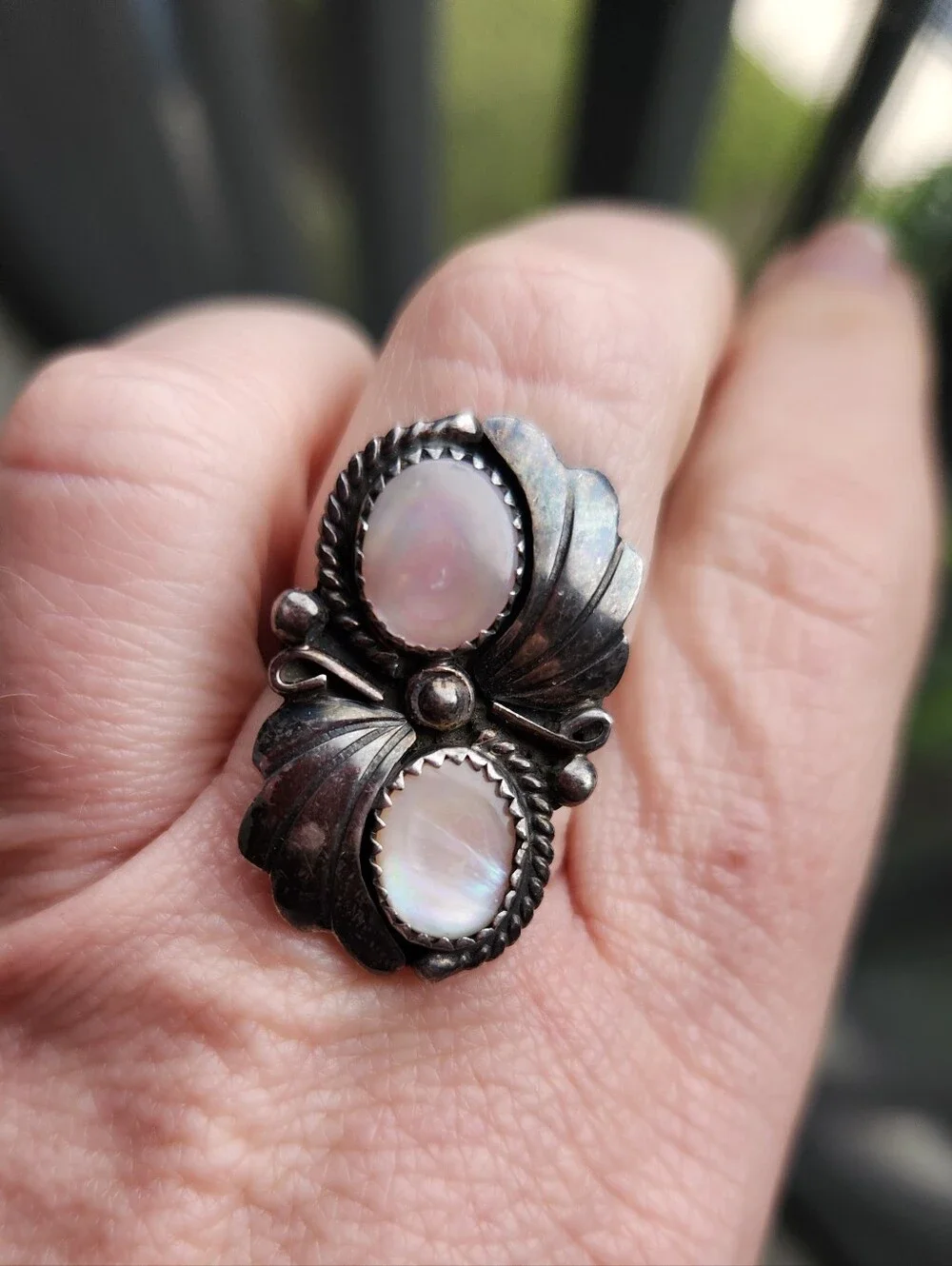 Handmade Sterling Silver 925 Vintage Native American Mother Of Pearl Duo Ring